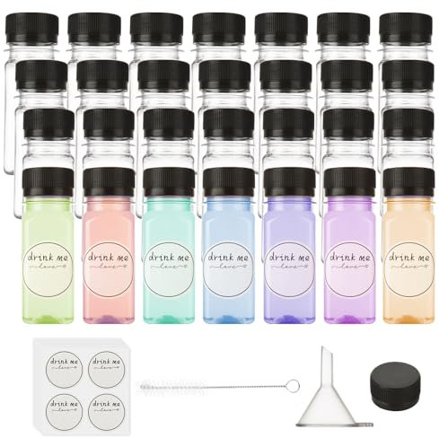 ACXFOND 100 Pcs 2oz Clear Plastic Juice Bottles with Lid for Liquids Small Reusable Ginger Shots Bottle Vial Beverage Container Leak Proof Mini Jars for Milk, Water, Juice (Black)