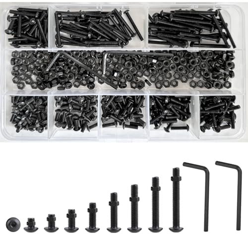 M3 Round Head Hex Socket Screws, M3 Black Nuts Bolts Assortment Set, Carbon Steel Hexagon Button Mushroom Machine Screw Fasteners Kit (482 Pcs)