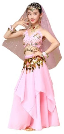 Bauchtanz Hüfttuch,Bauchtanz,Bauchtanz Gürtel 5 teile/satz Rosa Stil Kinder Bauchtanz Kostüm Tanz Kostüme Bauchtanz Tänzerin Kleidung Tanz Kostüme for Kinder(140cm)