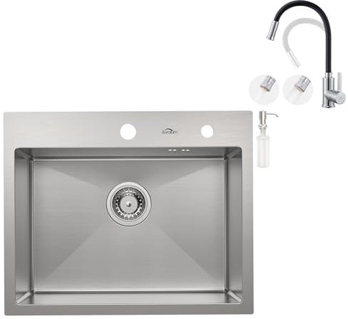 Auralum Waschbecken Küche 55x45cm + Flexibler Armatur Küche mit 2 Strahlarten, Spülbecken Edelstahl Eckig inkl. Seifenspender und Siphon, Einbauspüle 1 Becken