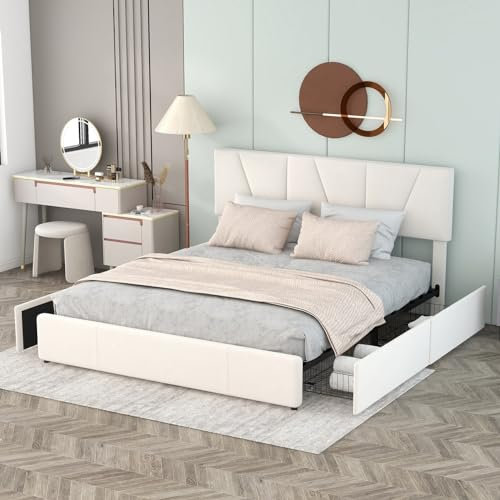 Derefine Queen-Size-Bett mit verstellbarem Kopfteil und 4 Schubladen, Samt, Bettgestell, Matratzenfundament, Holzlattenstütze, kein Boxspringbett erforderlich, Beige (160 x 200 cm)