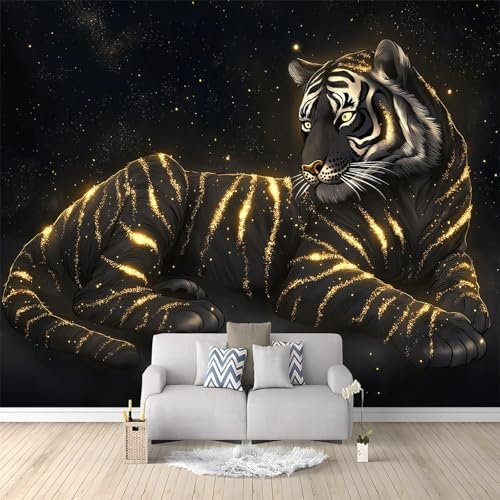 Wallpaper Wall Mural Black and Gold Tiger 250x175 cm 3D Photo Wallpaper Non-Woven Wall Mural Large Poster, for Living Room Bedroom Corridor TV Background Wall Decor Murals