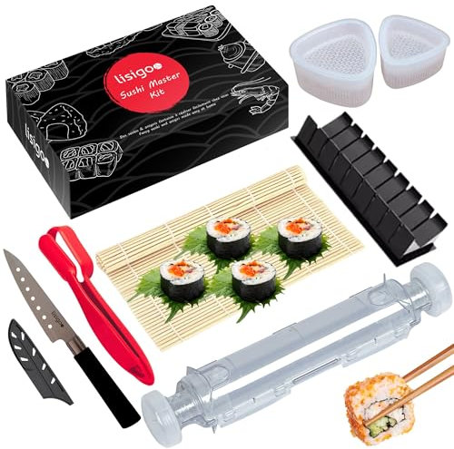 lisigoo - Kit de sushi completo - Sushi Maker - Aparato para hacer sushi - Estuche con esterilla de bambú, cuchillo japonés, molde onigiri, molde sushi, molde maki - Idea de regalo para hombre y mujer
