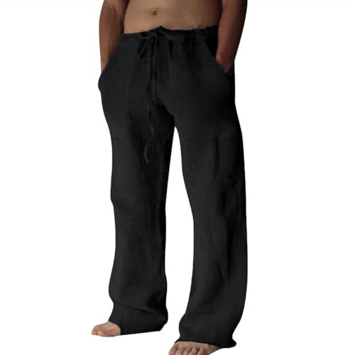 Puimentiua Leinenhose Herren,Lang Leichte Sommerhose,Sommer Leinen Hosen,Loose Fit Baumwollehosen mit Tunnelzug und Taschen (Schwarz,XL)