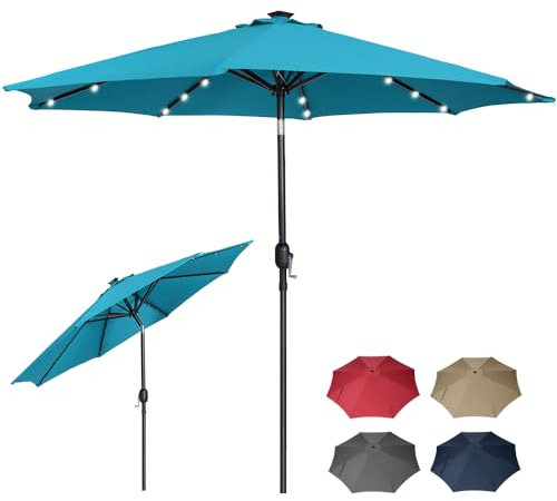 Panana 2.7M Garden Parasol with 24 Solar LED Lights Sun Shade Outdoor Umbrella 8 Sturdy Ribs with Crank and Tilt Mechanism for Poolside, Deck, Patio and Balcony Light Blue