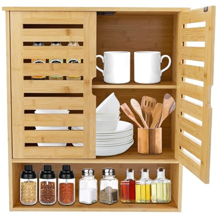 ARBGO Armoire de salle de bain murale en bambou au-dessus des toilettes avec 2 portes et étagères réglables pour linge, cuisine, salon