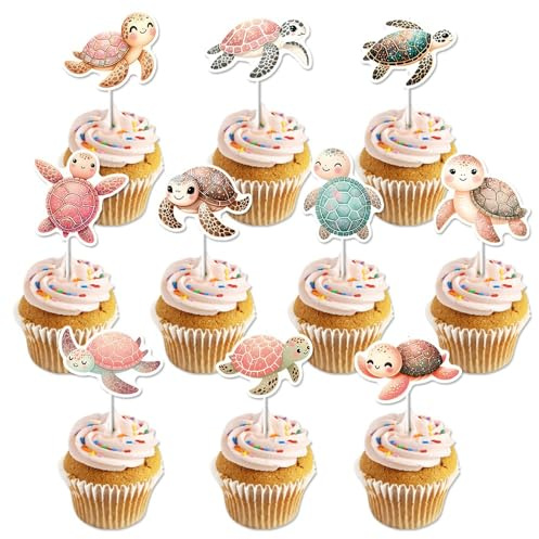 20 Stück Schildkröte Kuchen Toppers, Turtle Cupcake Toppers Geburtstag Baby Dusche Ozean Thema Party Kuchen Dekoration