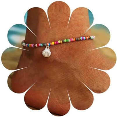Cybche Boho Regenbogen Perlen Fußkettchen Armband Bunte Samen Perle Fußkettchen Gold Jakobsmuschel Baumeln Fußkettchen Sommer Strand Regenbogen Reis Perle Fuß Kette Schmuck Für Frauen