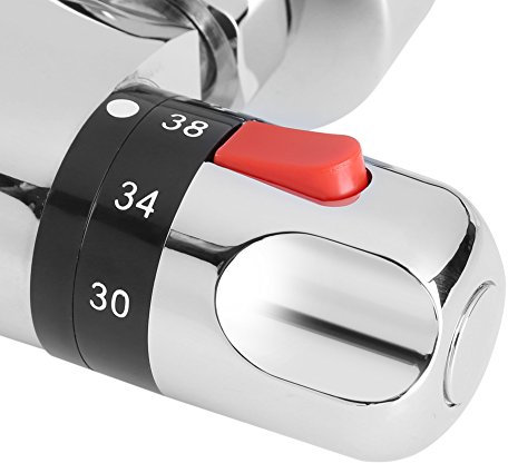 Thermostat Faucet, Red for Hot Water, Blue for Cold Water, Wall Mounted Thermostatic Shower Mixer Tap with Tub Spout and Diverter, Safety 38°C Design for Seniors and