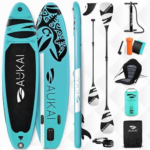AUKAI SUP Board PRO 320cm | 2in1 Aufblasbares Stand up Paddle Set mit Kajak-Sitz | 5 Jahre Garantie | Komplettsett | Sitz, Action-Cam-Halterung, Fußschlaufe, Pumpe, Rucksack (Ocean-Türkis mit Sitz)