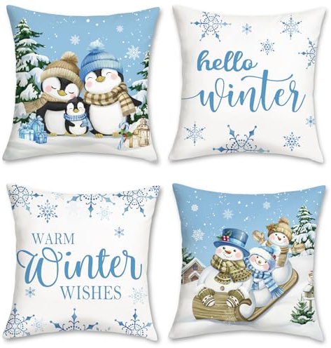 COZZSNUGE Winter Kissenbezüge 45 x 45 cm, Braun Blau Schneemann Pinguin Schneeflocken Samtig Dekorative Kissenhülle Zierkissenbezüge für Sofa Wohnzimmer Zuhause Patio 4er Set