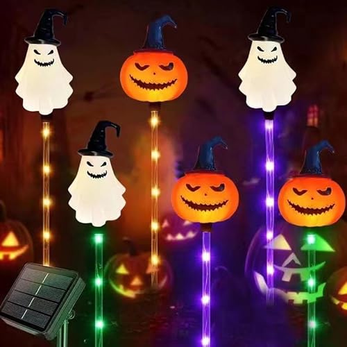 YZYOE 6 Paquete led al Aire Libre Solar Tierra inserción Coloreada Calabaza Fantasma Linterna, Impermeable Solar Patio decoración Luces de Halloween, con 8 Modos de Colores.
