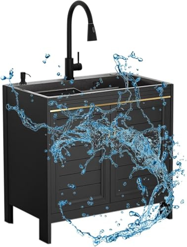 Küchenschrank mit Waschbecken Freiständige Catering Gewerbliche Waschbecken mit Auszug Wasserhahn Edelstahl Single Waschbecken Waschküche Waschbecken mit Schrank für Innenreste im Freien, 72 x 45 x