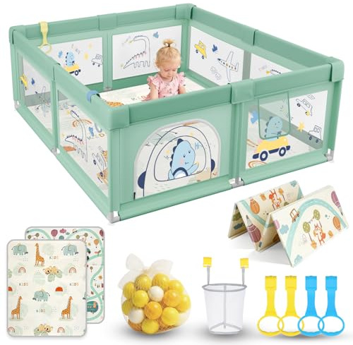 SOFTHOM Laufstall Baby mit Matratze, 180x200cm Laufgitter Baby mit Rutschfestem Boden und Atmungsaktivem Netz, Stabiler und Sicherer Indoor & Outdoor Babyspielplatz, Inkl. 60 SeebäLle, 4 Griffe