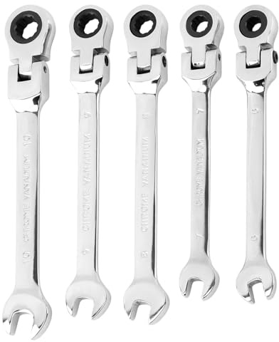 Jiakalamo 5-teiliges Ratschenschlüssel-Set mit flexiblem Kopf, metrischer 6-10-mm-Schraubenschlüssel, Zahnkranz-Ratschen-Ringmaulschlüssel-Satz, 180°-Kopf, 72 Zähne(Silber)