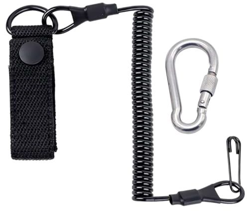 Tactical Paracord Lanyard with 2 Karabiners - Elastic Spiral Cable for Police Equipment - Heavy Duty Keychain for Rescue Scissors, Flashlights & Pepper Spray (Black)