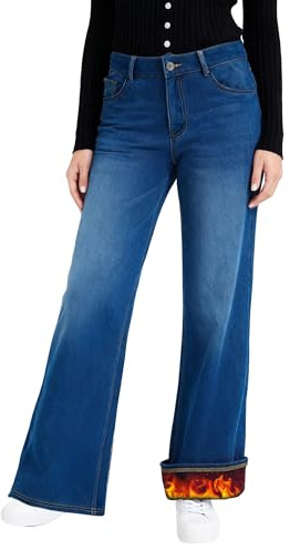 LaiEr Jeans de Pierna Ancha con Forro de Felpa para Mujer Jeans Vaqueros Térmicos de Alto Talle con Cremallera y Botón,Alta Elasticidad,Pantalones de Denim Calientes para Invierno(Azul Oscuro,M)