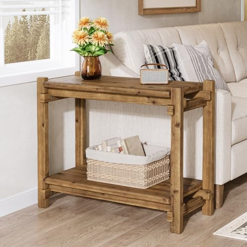 TRIBEWOOD Massivholz-Beistelltisch, Wohnzimmer Tisch für Couch mit Ablagefläche, 80 × 40 × 65 cm, Farmhouse-Stil Sofa Tisch Nachttisch Schmal fürs Wohnzimmer, Schlafzimmer, Balkon, Braun