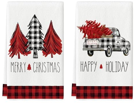 LYhsmg 2PCS Christmas Tea Towels,Christmas Hand Towels,Quick Dry Dish Towels Bar Towel,Machine Washable Kitchen Towel,Cotton Super Soft,Buffalo Plaid Snowflake Tree Design,40x60cm