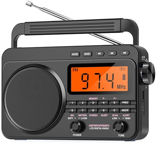 Digital AM FM Shortwave Radio 4000mAh Rechargeable Battery Black | Portable Radio with Best Reception NOAA Weather Alert, Big Speaker,Stereo Earphone,Support Micro SD Card and USB MP3 Player