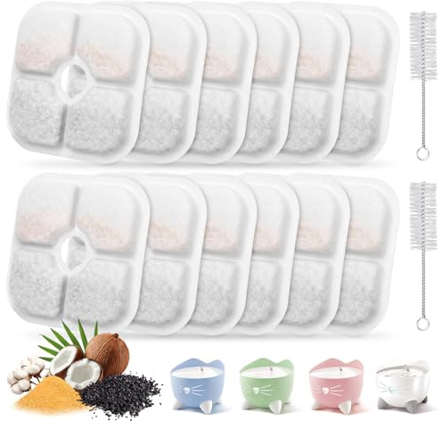 12 Pack Cat Water Fountain Filters Compatible with Catit PIXI, Triple Filtration with Activated Carbon & Ion Exchange Resin, Supports Urinary Tract Wellness, 2 Cleaning Brushes
