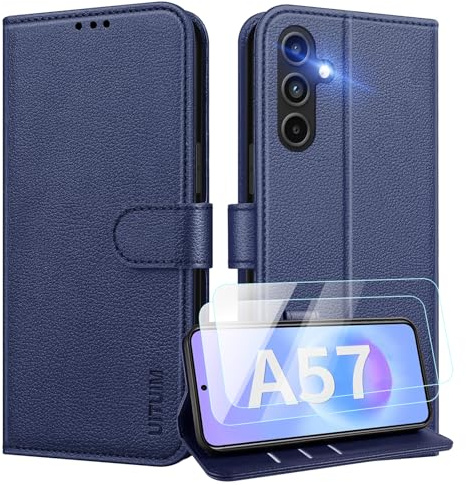 UITUIM Phone Case for Samsung Galaxy A57 5G Flip Cover Leather,Blue | with 2 Tempered Glass Screen Protector RFID Blocking Wallet Card Holder Slot Kickstand Shockproof Magnetic Full Protection