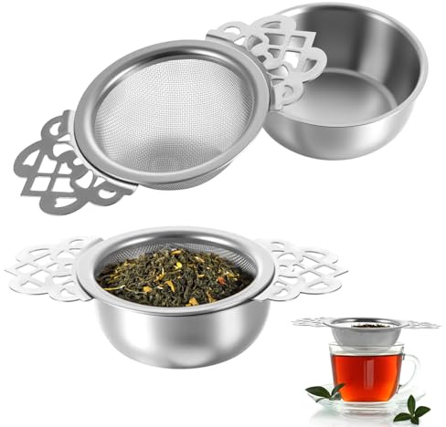 Lnngub 2 Pack Silver Tea Strainers,Stainless Steel Tea Cup Strainer Tea-Strainer with Drip Tray or Bowl for 2.5-4 Inch Cup Mouth