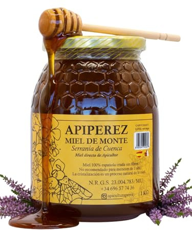 APIPEREZ Miel Cruda de Monte 1 kg, Natural, Sabor Intenso, Ámbar Oscuro | miel natural española pura, origen seleccionado, calidad artesanal, sabor auténtico, receta tradicional