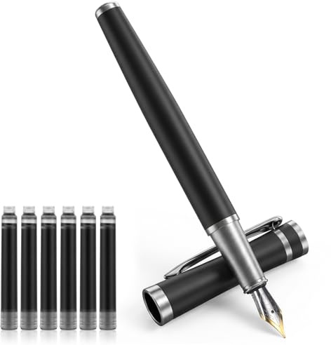 Molain Luxury Metal Fountain Pen Set, 0.5mm Fine Nib Fountain Pen with 6 Pcs Black 2.6mm Ink Cartridges Smooth Writing Pen Gift for Men Women Journaling Office Business