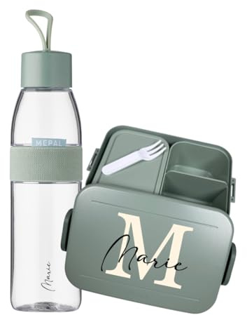 Mepal Set Lunchbox Trinkflasche personalisiert, Brotdose Take a break mit Bento Box, Wasserflasche Ellipse 500ml, Buchstabe Initiale Midi Mint