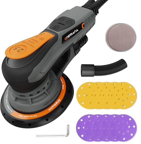 ONEMANA levigatrice rotorbitale 150 mm, brushless, corsa 2,5 mm, 350 W, 6 regimi (4000-10000 rpm), aspirazione polvere, disco 150 mm incl. Rotorbitale: levigatrice orbitale per legno