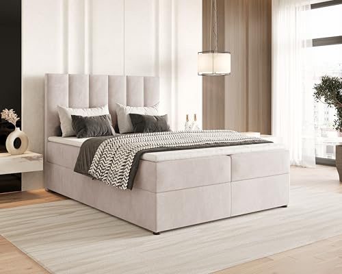 Chilly. Boxspringbett Astoria - Bett 200x200 cm - Bettkasten und Stauraum - Matratze H2/H3 und Topper 4cm - Weicher Jasminstoff - Beige