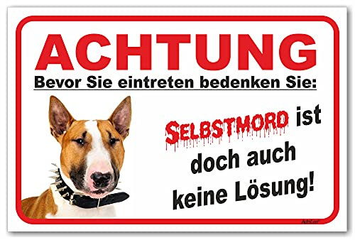 AdriLeo Schild - Vorsicht Bullterrier - Selbstmord - (20x30cm) / Hellbraun/weiß - Achtung Hund Wachhund robust langlebig UV-beständig wetterfestes Warnschild
