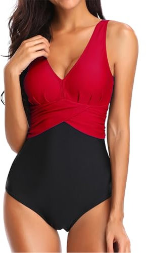 PANOZON Femme Une Pièce Maillot de Bain Bikini Push Up Bricolore Taille Grande Couleur Pure(EUR48-50(4XL), 1-Rouge)