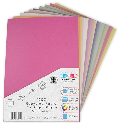 Carta da zucchero riciclata A3, colori pastello, 50 fogli grandi in 10 colori assortiti, ideale per bambini arte e artigianato, disegno, pittura e album di ritagli. Dimensioni foglio: 42 x 30 cm