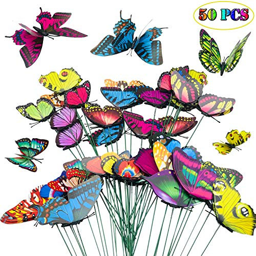 Allazone 50 Stück Garten Schmetterlinge Deko, 3 Größe Doppelflügel Schmetterlinge auf Stöcken, Garten Schmetterlinge Stangen Garten Ornamente, für Hof Patio Party Dekorationen