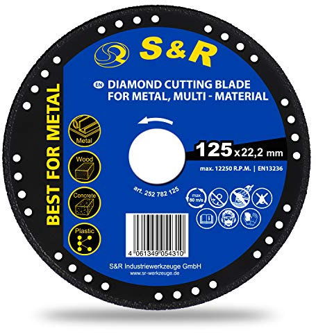 S&R Trennscheibe Multi-Material 125 mm x 22,2 mm, Multi Diamanttrennscheibe für Metall, Holz, Stein, Plastik, für Winkelschleifer