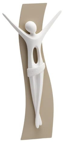 MAZZOLA LUCE Piccolo crocifisso da parete o da tavolo moderno stilizzato bianco nocciola 16x8cm base legno cristo gesso Made in Italy elevata qualità