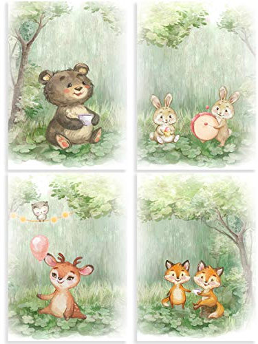 Klasse 4er Set Bilder Waldtiere Dekobilder Bär Fuchs Reh Hase Kinderzimmer Babyzimmer Mädchen und Junge Bilderset Poster DIN A4 Dekoration Wald Tiere (ohne Rahmen)