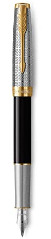 PARKER Sonnet Fountain Pen | Premium Metal and Black Gloss Finish with Gold Trim | Medium 18k Gold Nib with Black Ink Cartridge | Gift Box