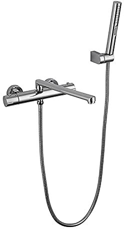 GLYYR Thermostat Wannenarmatur Verchromt Badewannenarmatur mit 2 Mode Handbrause, Drehbar Langer Auslauf Badewanne Wasserhahn Messing Wannenbatterie Wand Wannenmischer