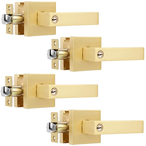 Heittis 4 Pack Heavy Brass Door Knobs Square Gold Door Knobs Interior (Keyed Alike), Satin Brass Gold Door Knob with Lock and Keys for Interior/Exterior/Front Doors