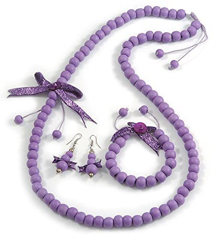 Avalaya Collana lunga con fiocco in legno lilla, bracciale e orecchini pendenti lunghi 80 cm, Misura unica, Legno corde Legno