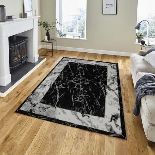 Rugs City Modern Rugs Living Room Bedroom Extra Large Small Medium Rectangular Size Soft Touch Thick Pile Black/Grey/Charcoal/Silver Kitchen Area Rugs Non Shedding (120 X 170 CM, MARBLE BLACK)
