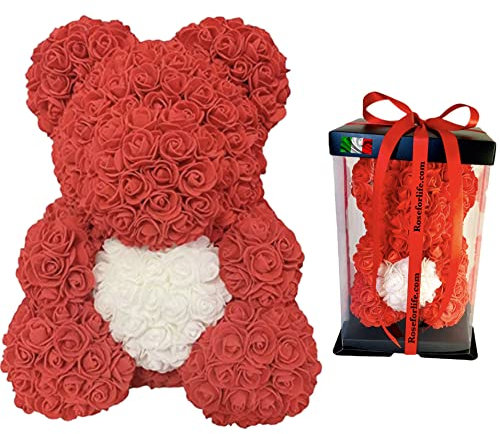 Orso di Rose rosse e cuore bianco Orsetto di Rose, già confezionato regalo, Unico con Nastro Rosso, orsacchiotto