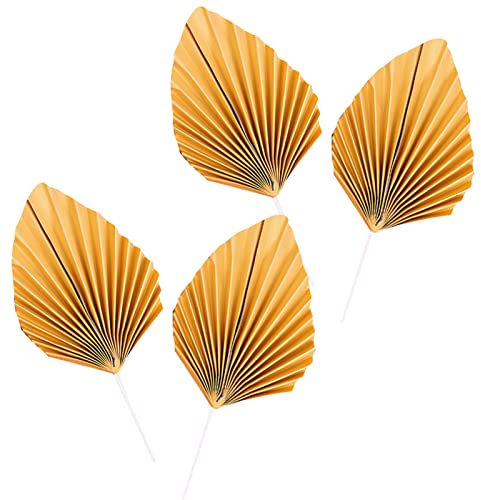 Udewo 4 Pcs Paper Palm Fan Cake Toppers, Palm Spear Leaf Cake Topper Fan Cupcake Toppers Cake Insert Decoration for Cake Decorating DIY Craft Project Home Wedding Party Décor, Gold