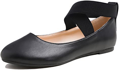Feversole Women's Stretchy Elastic Ankle Straps Ballet Flats Shoes Black Vegan Leather Size 3.5 UK