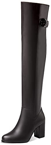 Lroey Reoly Stivali da Donna Sopra Il Ginocchio con Tacco Largo, Stivali da Vestito Tacco Alto Appuntito Boots Zip 166 Marrone Numero 44 EU
