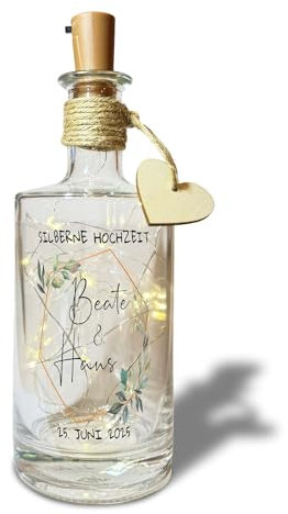 Yuweli Flaschenlicht Geschenk Silberne Hochzeit personalisiert mit Namen und Datum des Brautpaares Geschenkidee LED Hochzeitsgeschenk Dekoflasche