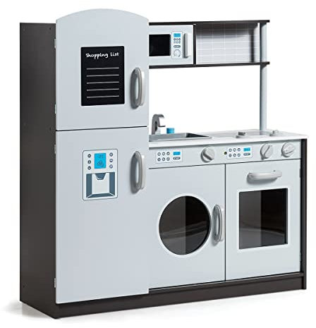 DREAMADE Cuisine Enfant en Bois, Jeu se Simulation avec Cuisinière, Réfrigérateur, Machine à Laver, Chef Cuisinier avec Sons Réalistes, Cadeau pour Les Enfants de 3+ Ans (Gris)